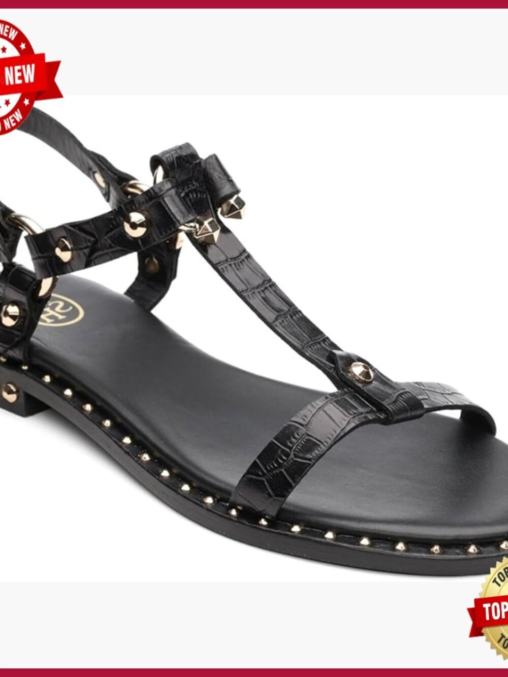 Croc Embossed Leather T-Strap Flat Sandals Gladiator